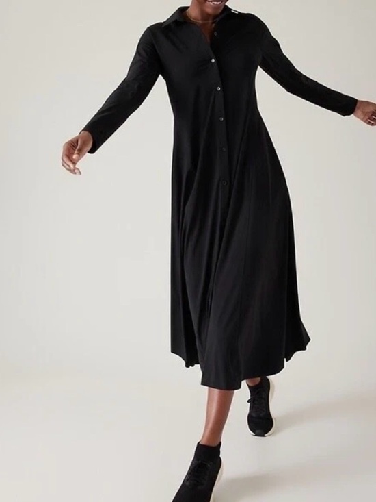 Athleta Dresses & Skirts - Athleta Cosmic Layer Dress Button Front Collared NWOT Black Nylon Athletic MIDI